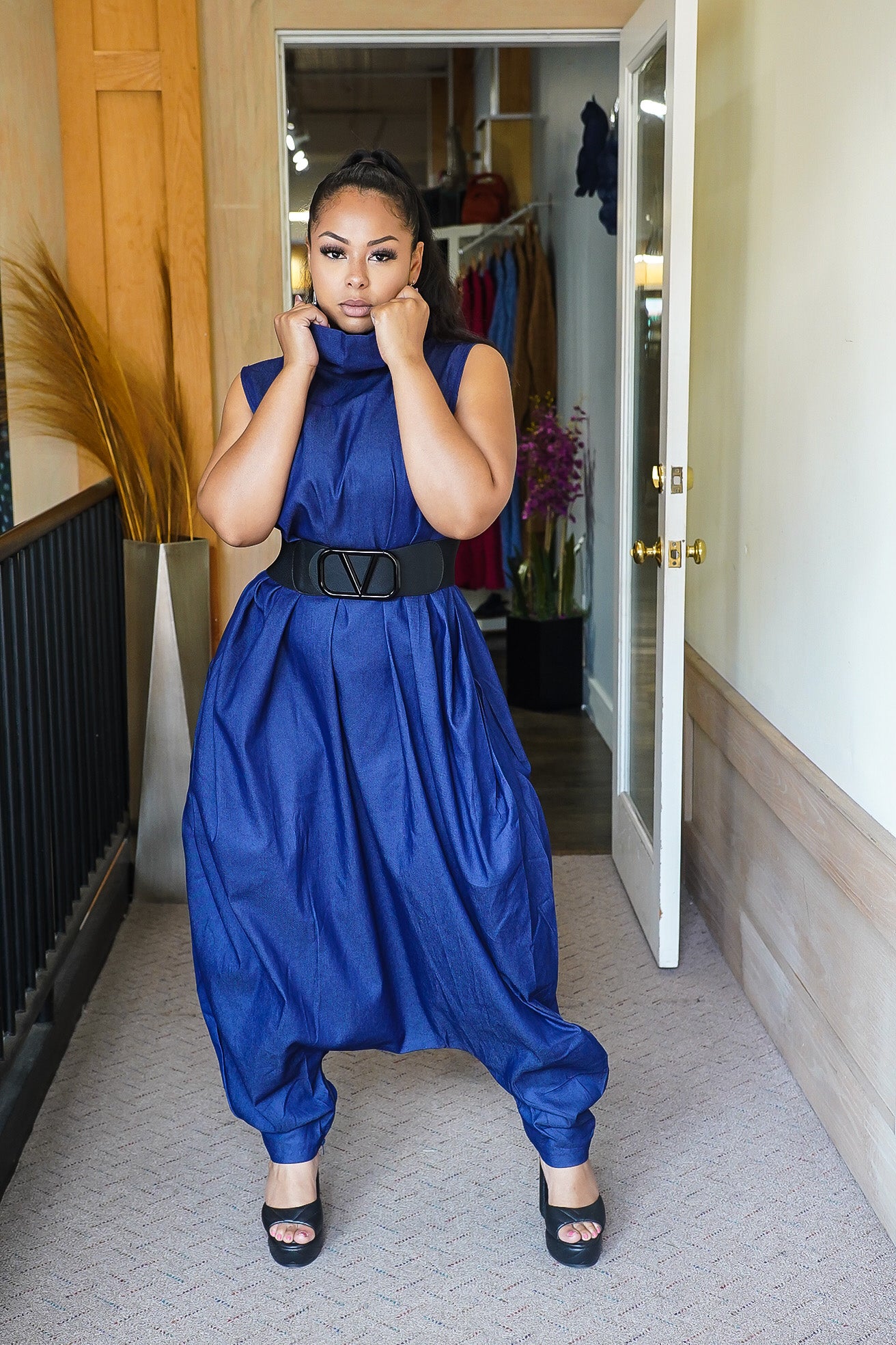 Cece Wide Neck Harem Jumpsuit (Blue)