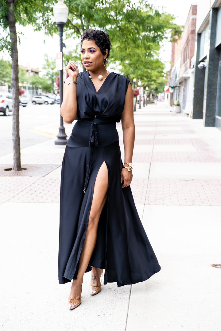 Satin Soft Pleated Split Dress- (Black)