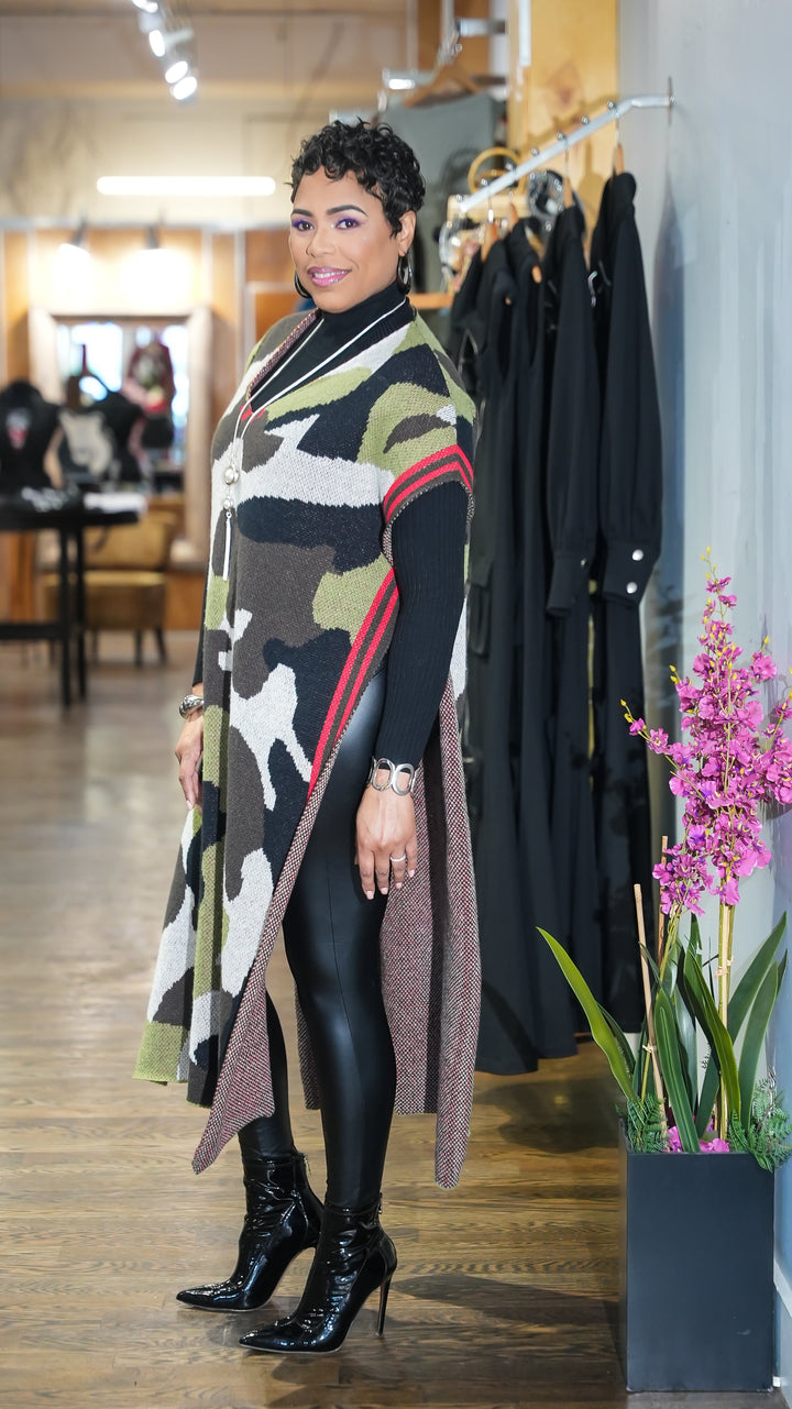 Camo Statement Long Poncho Cardigan