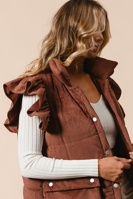 Ruffle Sleeve Corduroy Vest (Black  & Chestnut)