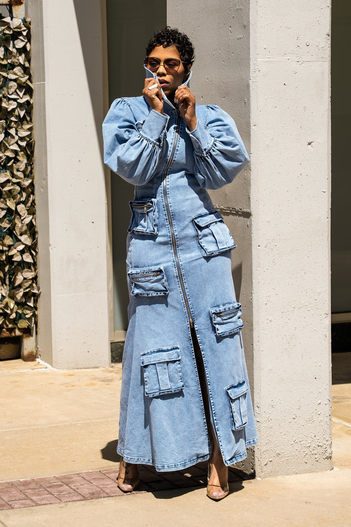 Giving you the Blues Denim Zipper Pocket Dress