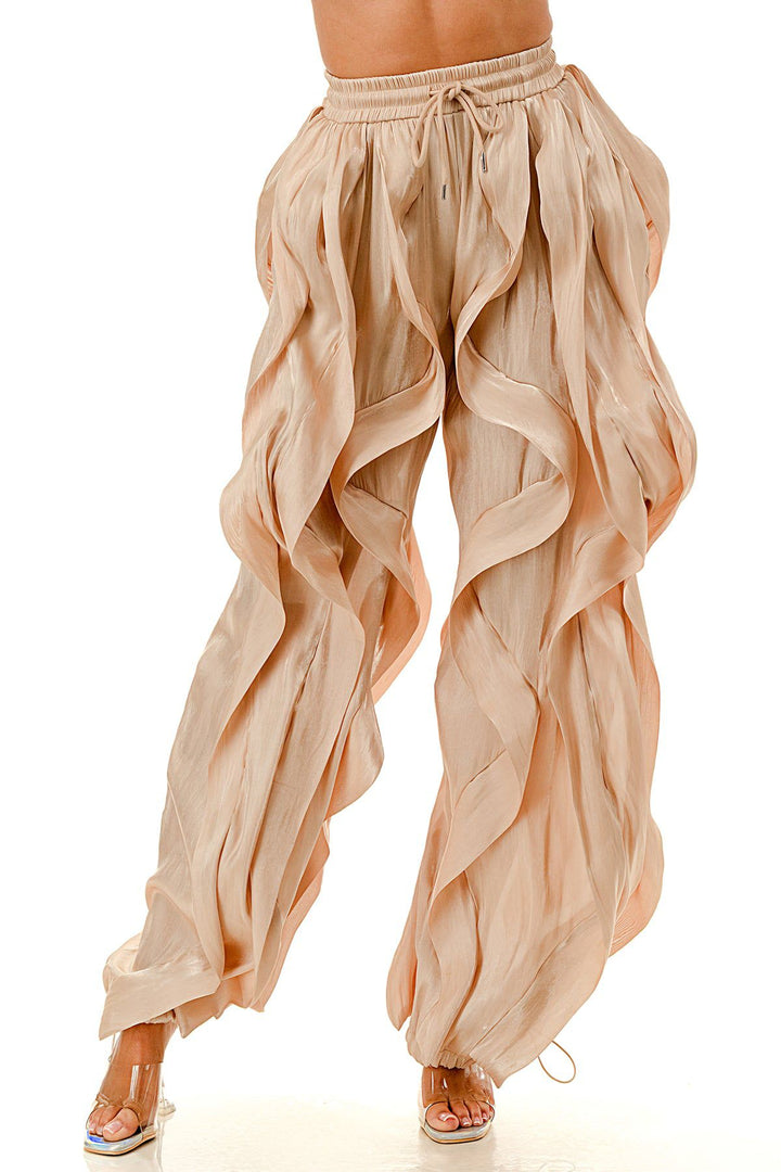 High Waisted Ruffle Organza Drawstring Joggers (Beige)
