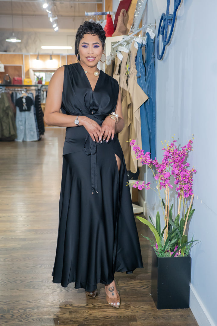 Satin Soft Pleated Split Dress- (Black)