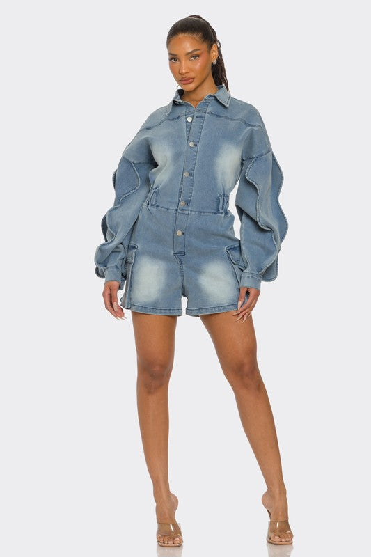 BUTTON IT UP WAVE DENIM ROMPER