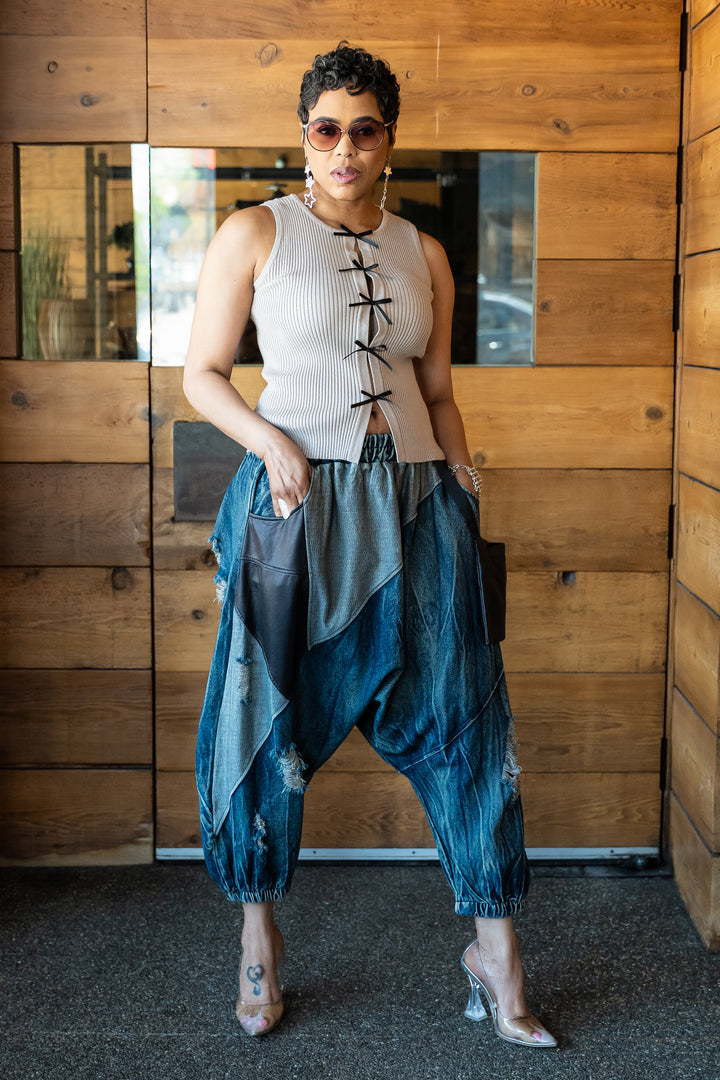 Patchwork & Leather Harem Jeans