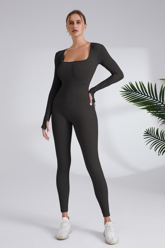 Square Neck Ribbed Long Sleeve Jumpsuit (More Colors)