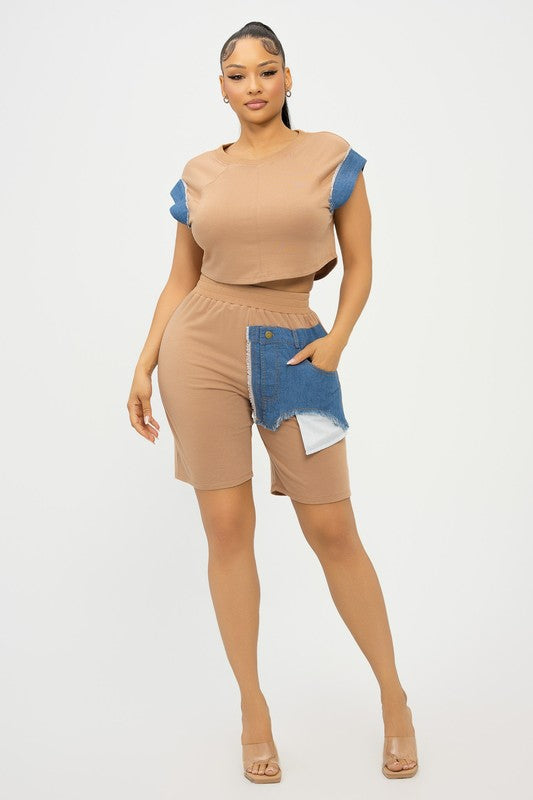 Denim Patch Me 2pc Shorts Set (Black)