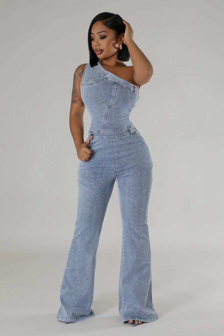 Slanted to the Side Denim Flare Leg Jumpsuit