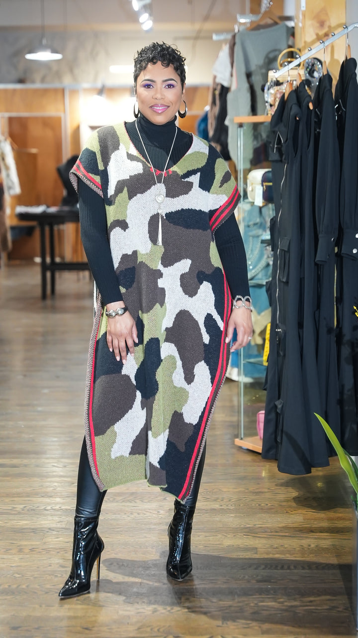 Camo Statement Long Poncho Cardigan