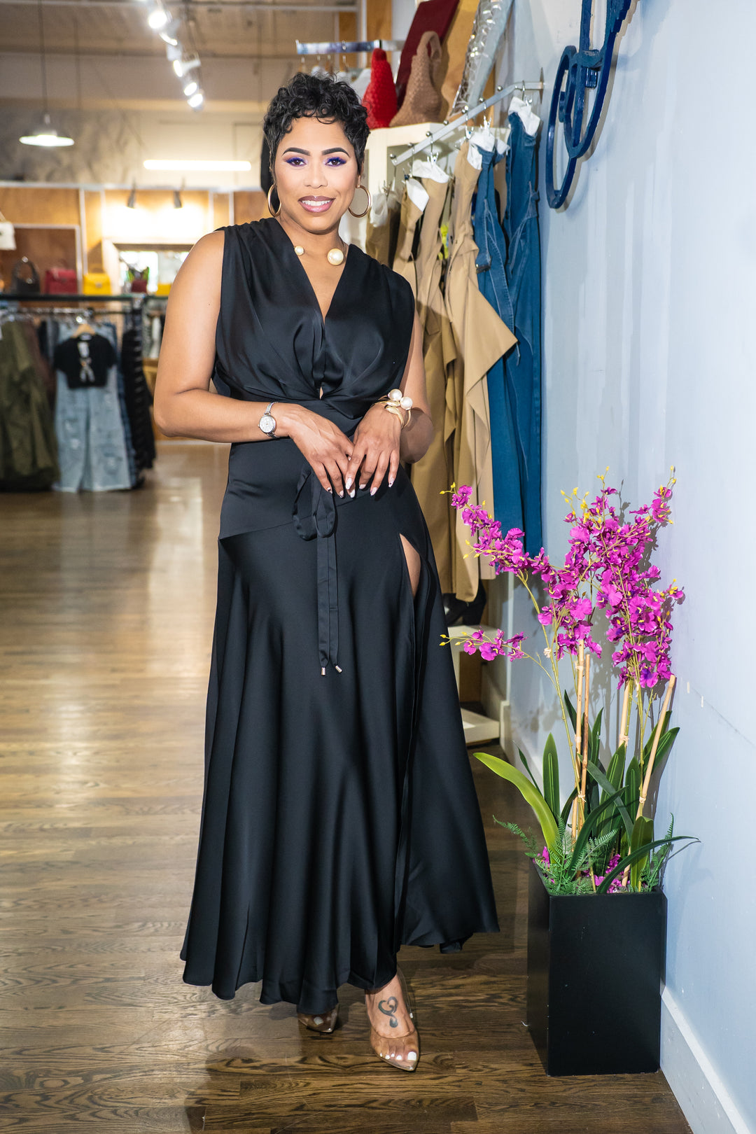 Satin Soft Pleated Split Dress- (Black)