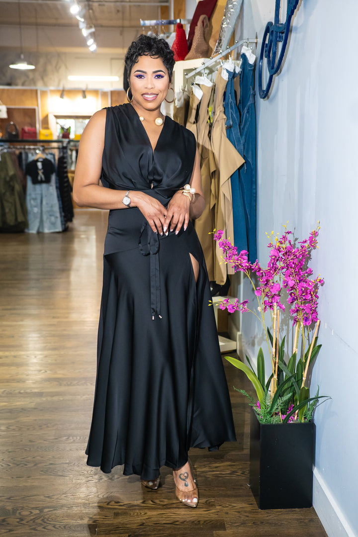 Satin Soft Pleated Split Dress- (Black)