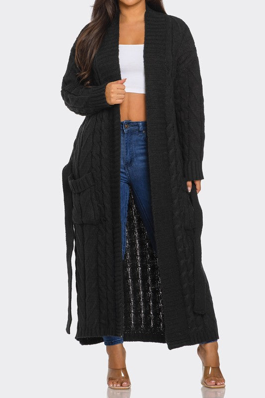 Cable Knit Cardigan w/Belt Sweater (Black)