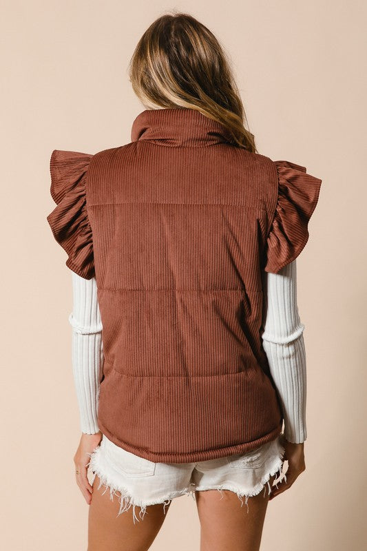 Ruffle Sleeve Corduroy Vest (Black  & Chestnut)