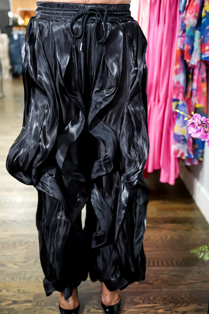 High Waisted Ruffle Organza Drawstring Joggers (Black)