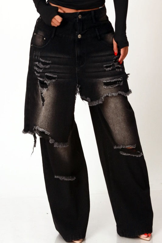 Double Layered Distressed Denim Jeans