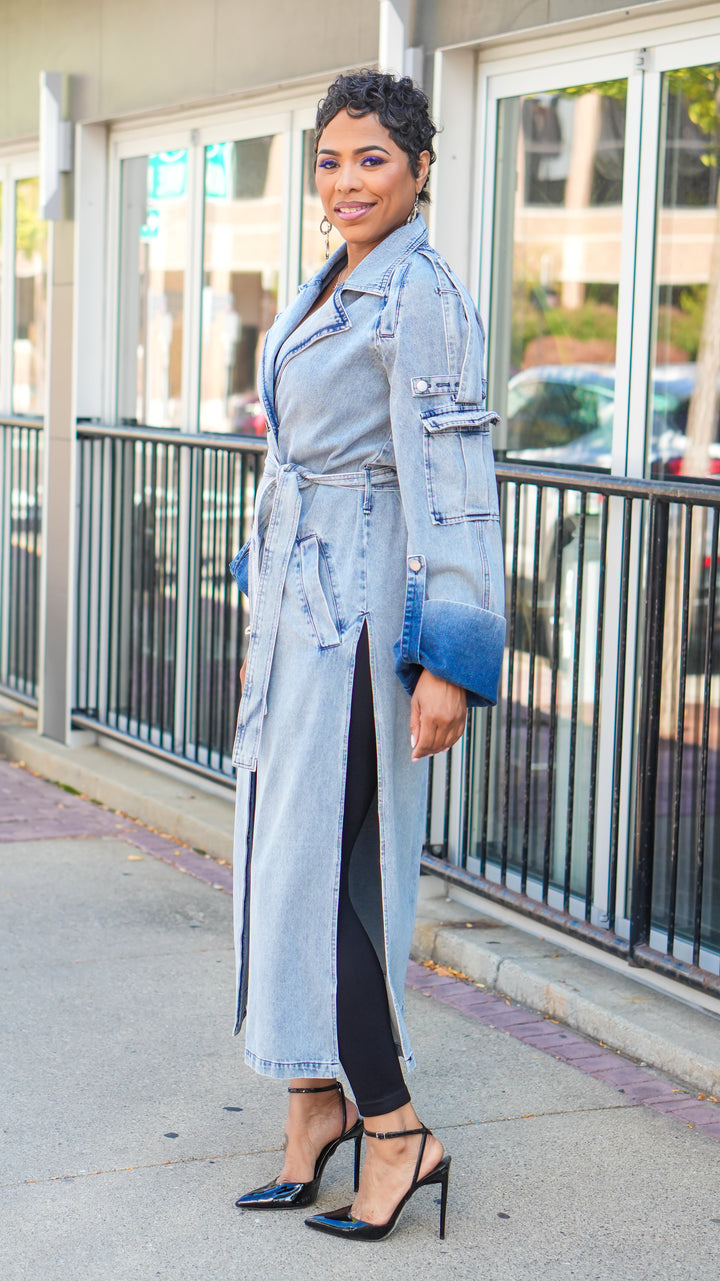 LONG TIME BIG CUFF DENIM TRENCH COAT