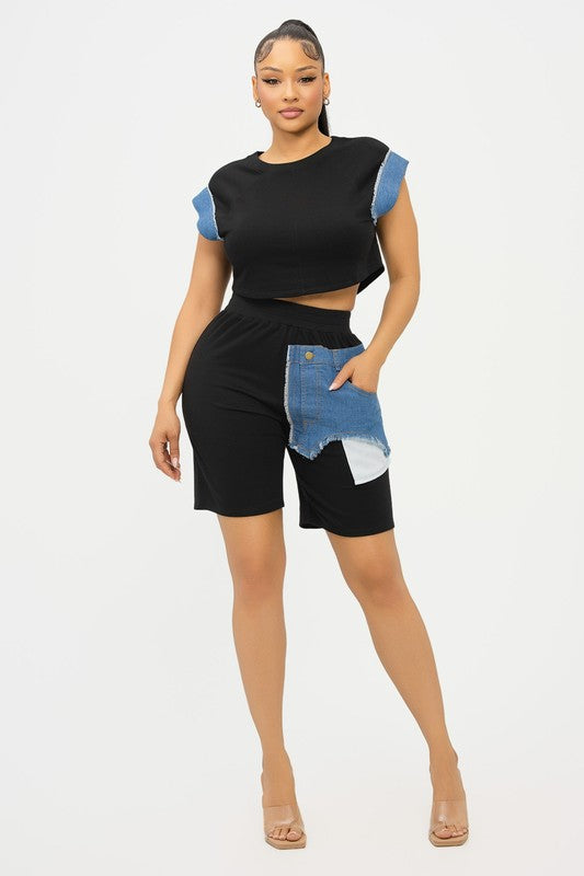 Denim Patch Me 2pc Shorts Set (Black)