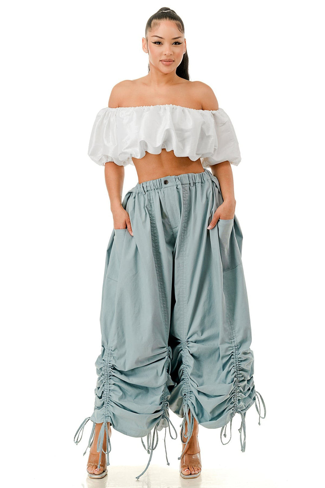 Gather Around Poplin Ruched Pants (Light Blue)