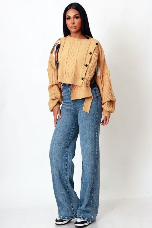 Patchwork Asymmetric Knit Sweater (Chestnut)