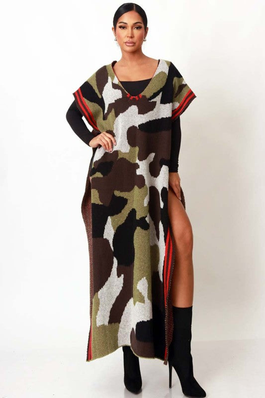 Camo Statement Long Poncho Cardigan