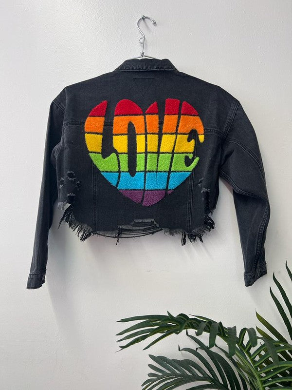 Rainbow Love Heart Distressed Crop Jacket