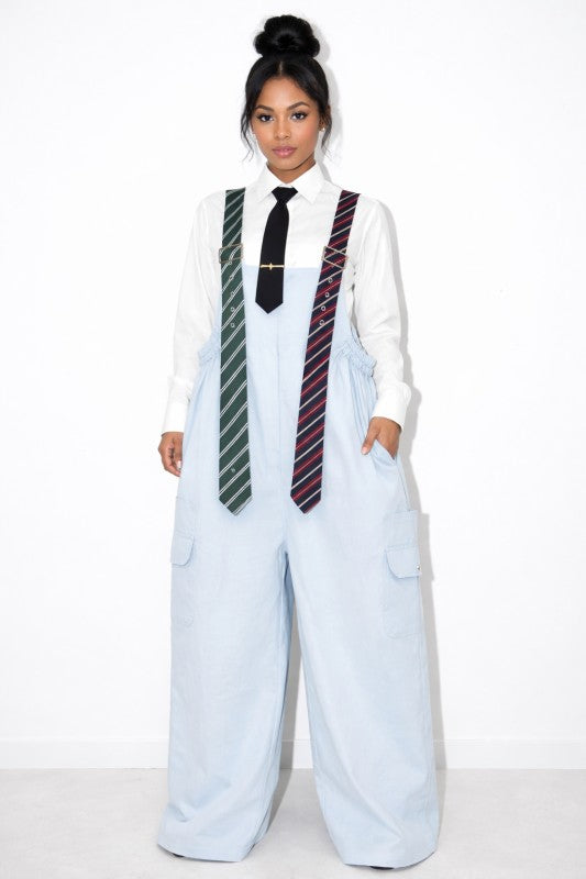 Varsity Chic  Tie Me Oversized Wide Leg Jumpsuit (Lt Blue)