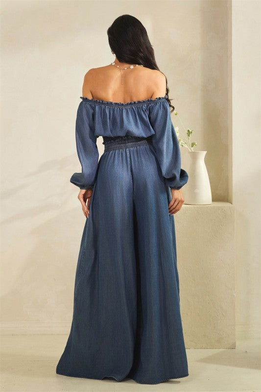 Denim Love Wide Leg Off shoulder Pants Set