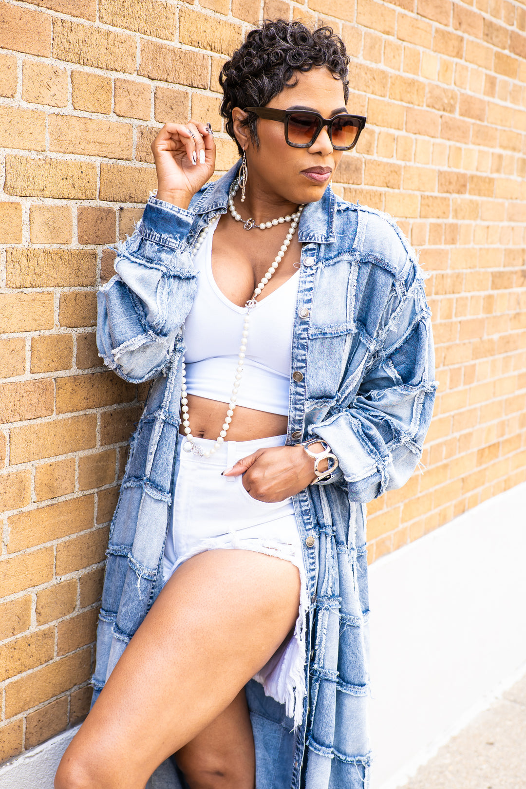 Square Patched Together Button Up Denim Cardigan