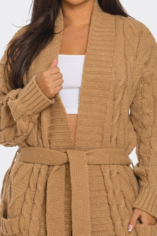 Cable Knit Cardigan w/Belt Sweater (Camel)