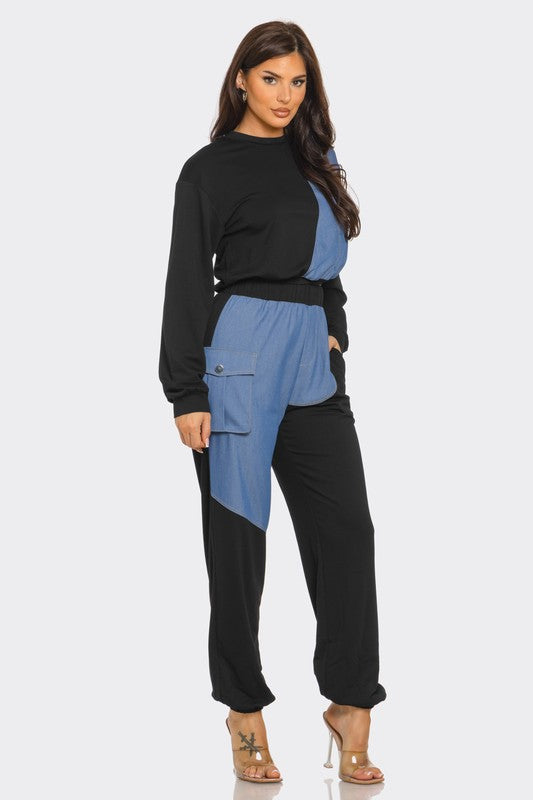 ColorBlock Denim Detail Pants Set- Mocha/Denim
