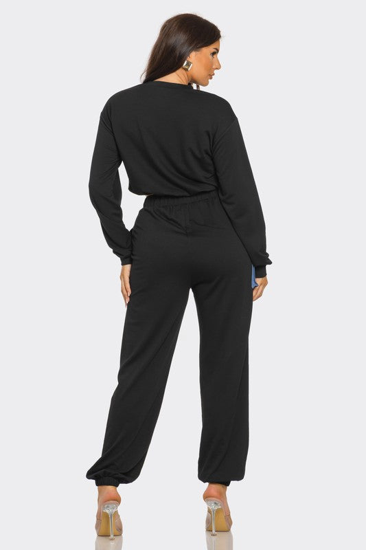 ColorBlock Denim Detail Pants Set- Mocha/Denim