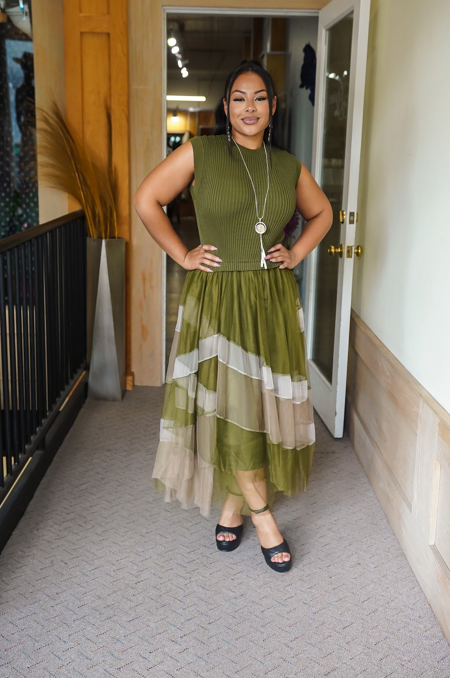 Giving Grace Sweater Tulle Dress (Olive)