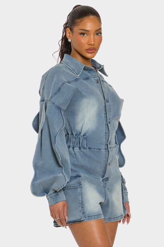 BUTTON IT UP WAVE DENIM ROMPER