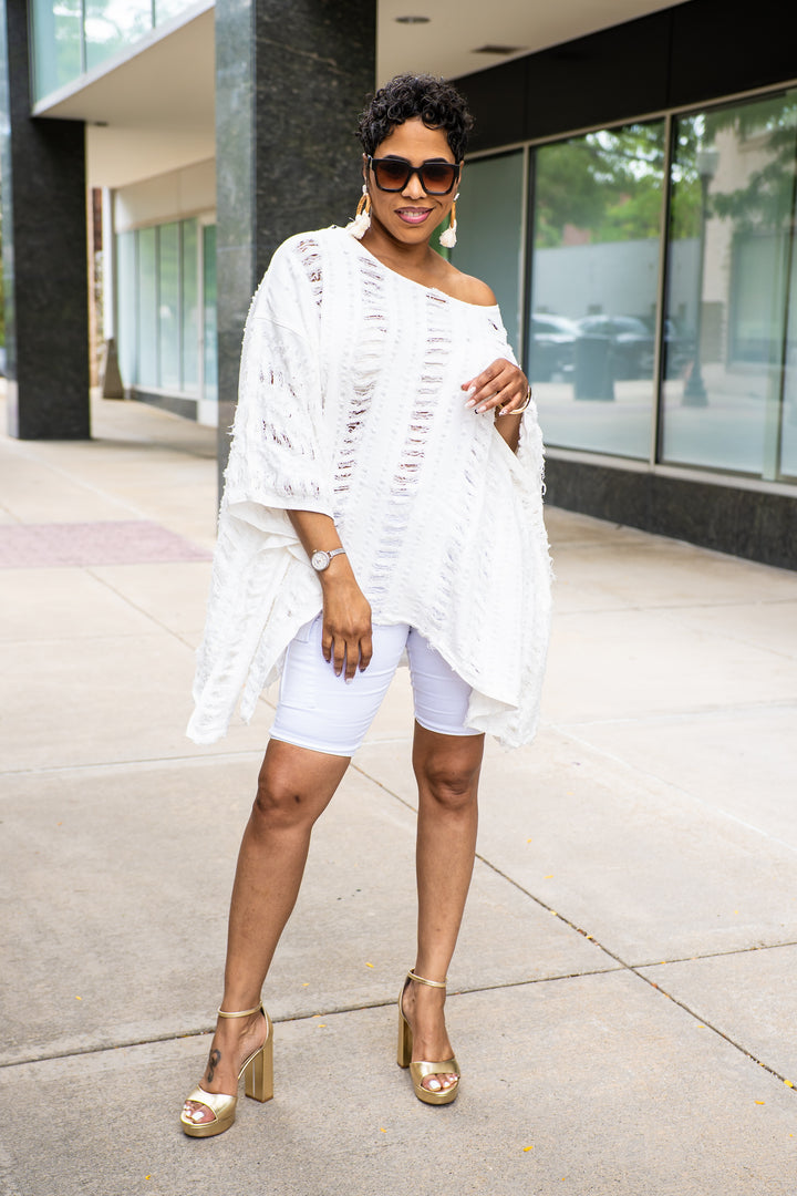 All Ripped Up Asymmetrical Oversized Top ( White)