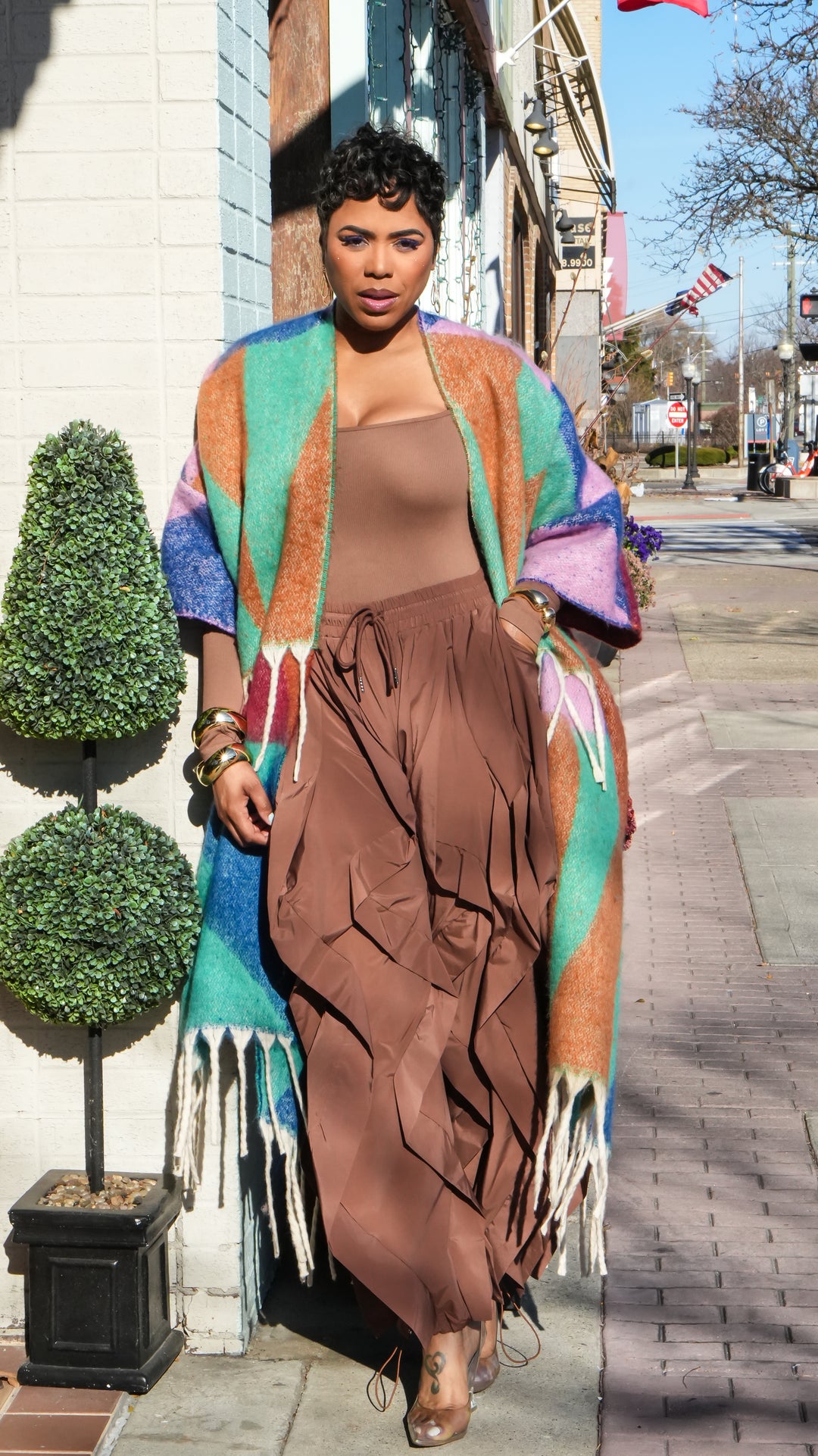 Fallon Fuzzy Warm Cardigan - Green/Brown/Blue