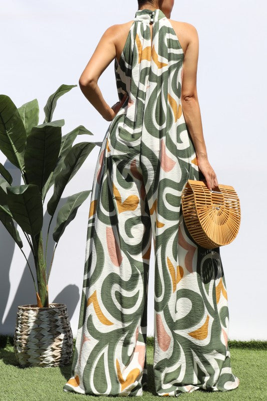 Seaside Swirl Statement Palazzo Jumpsuit (Olive Multi)