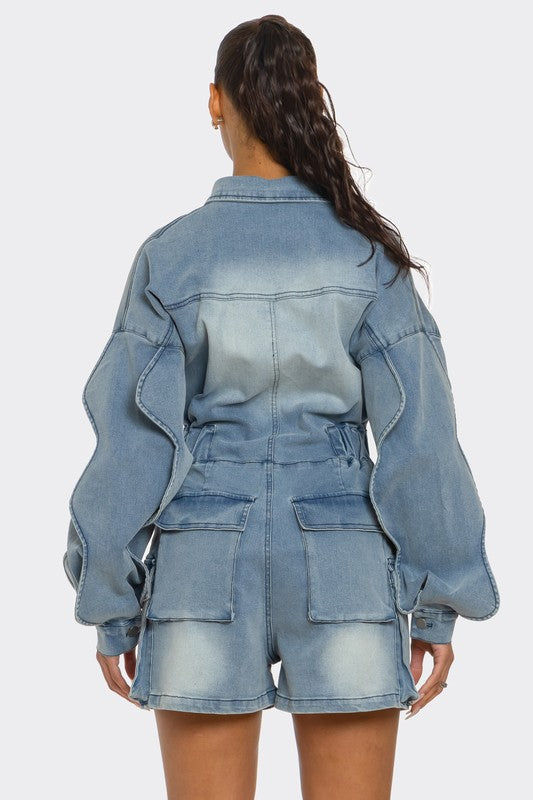 BUTTON IT UP WAVE DENIM ROMPER