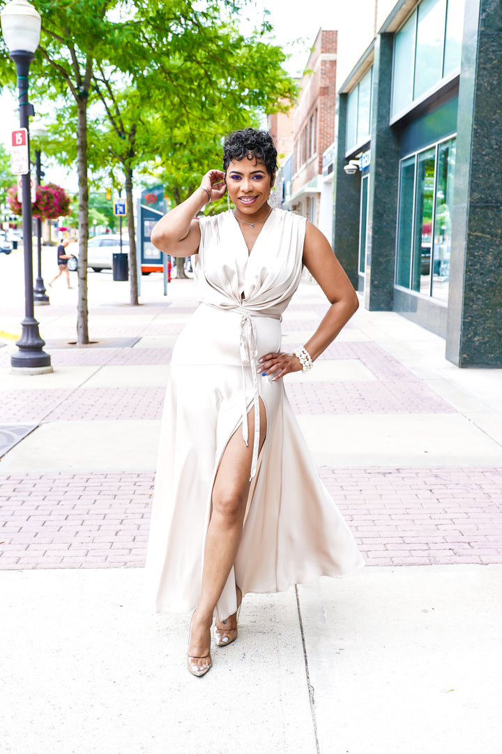 Satin Soft Pleated Split Dress