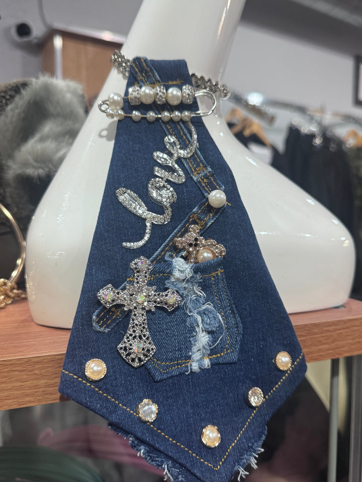 Denim tie w/ Silver chain & Love