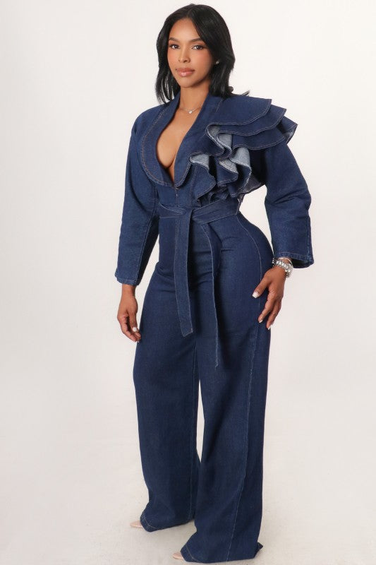 Desi Denim Ruffle Jumpsuit