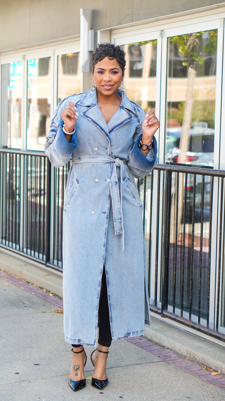LONG TIME BIG CUFF DENIM TRENCH COAT