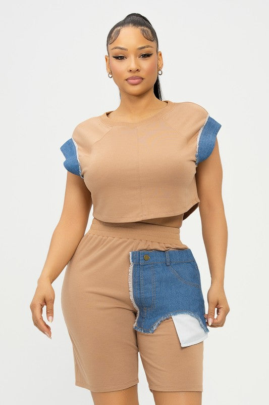 Denim Patch Me 2pc Shorts Set (Black)