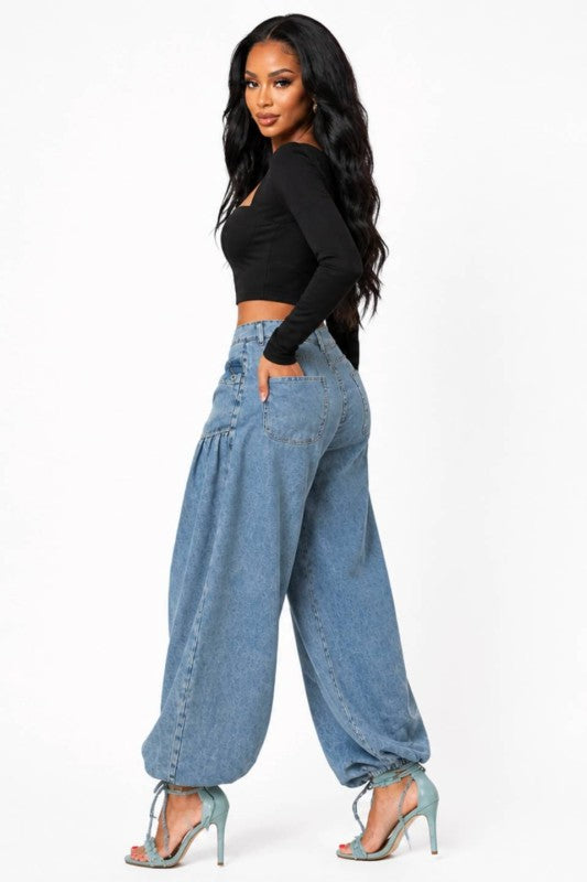 Washed up Drawstring Ankle Jeans