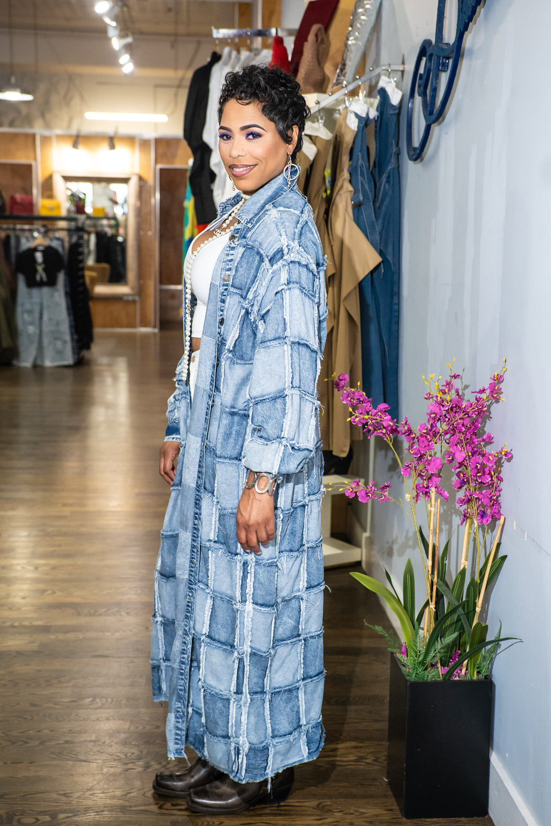 Square Patched Together Button Up Denim Cardigan