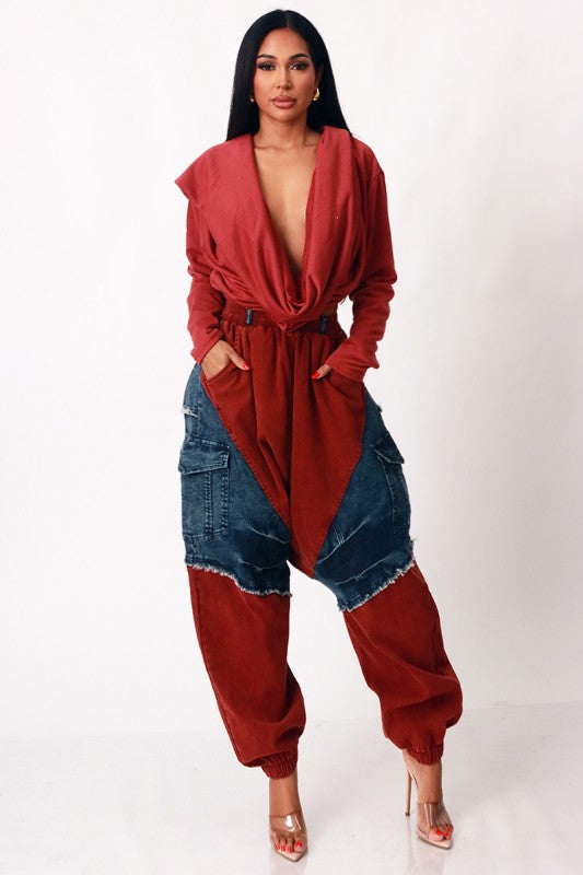No Pressure Denim Harem Joggers (Burgundy)