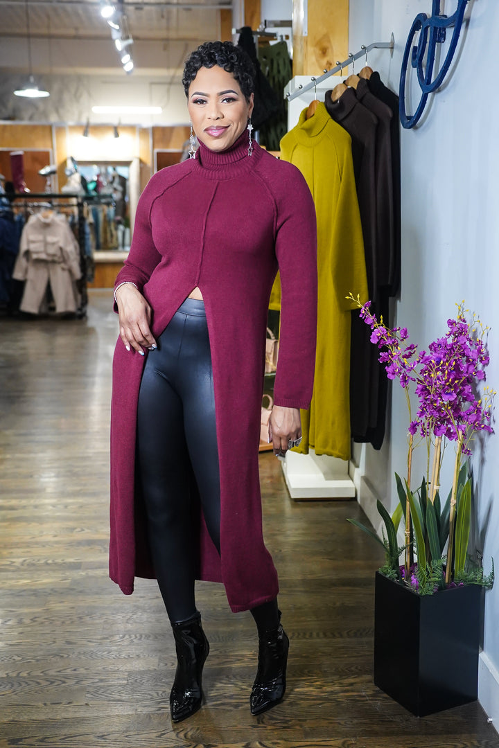 Split it Open Turtleneck Long Top (Burgundy)