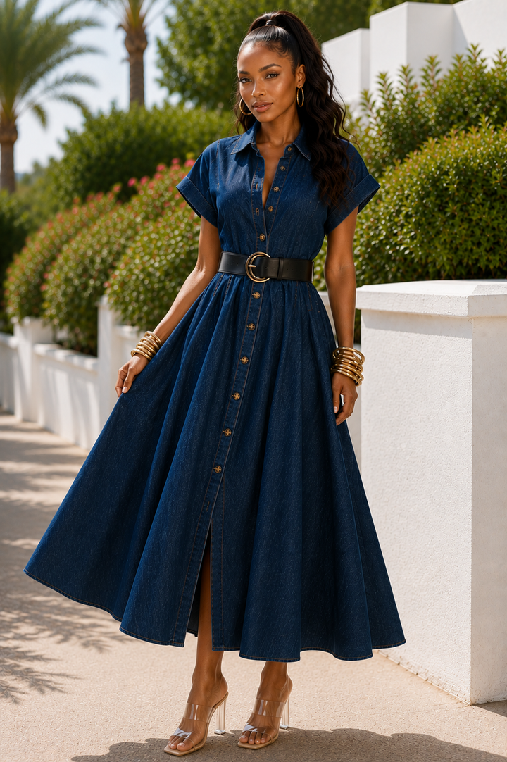 Maison Washed Denim Button Maxi Dress
