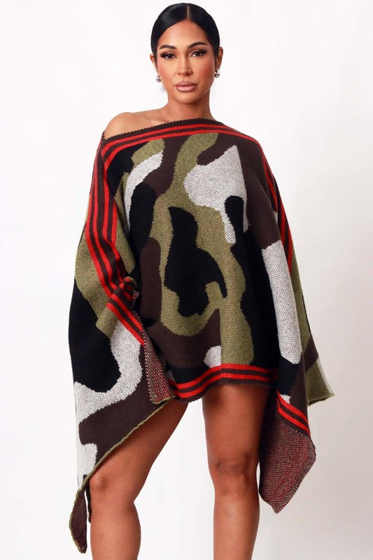 Effortless Bold Camo Poncho Sweater