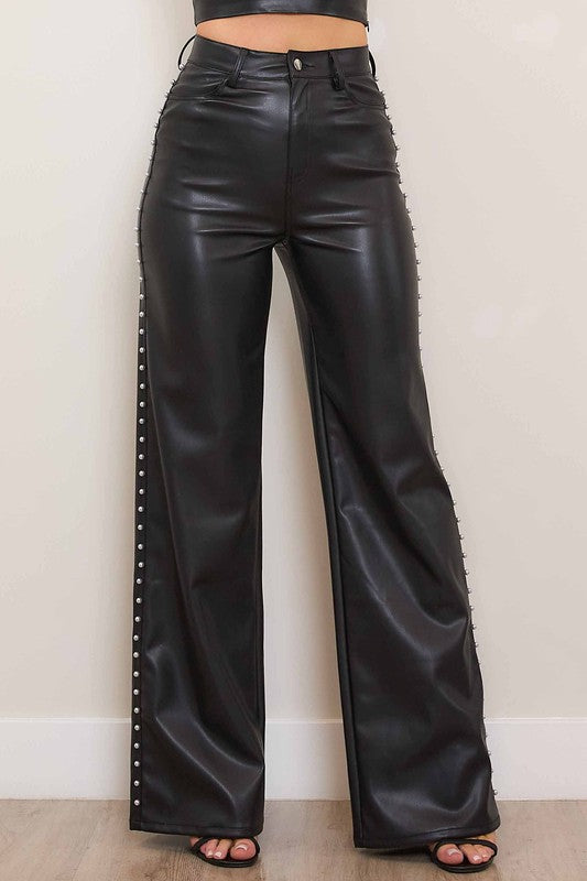 Studded After Dark Faux Leather Wide Leg