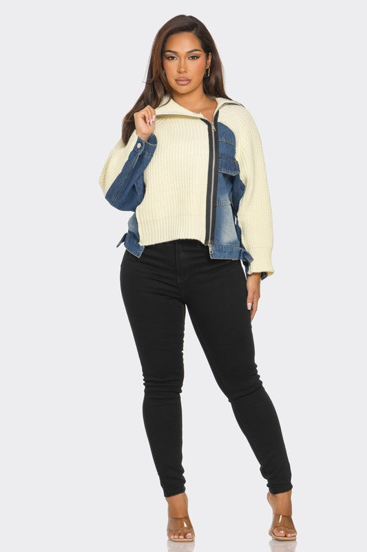 Denim Mix Up Zipper Sweater